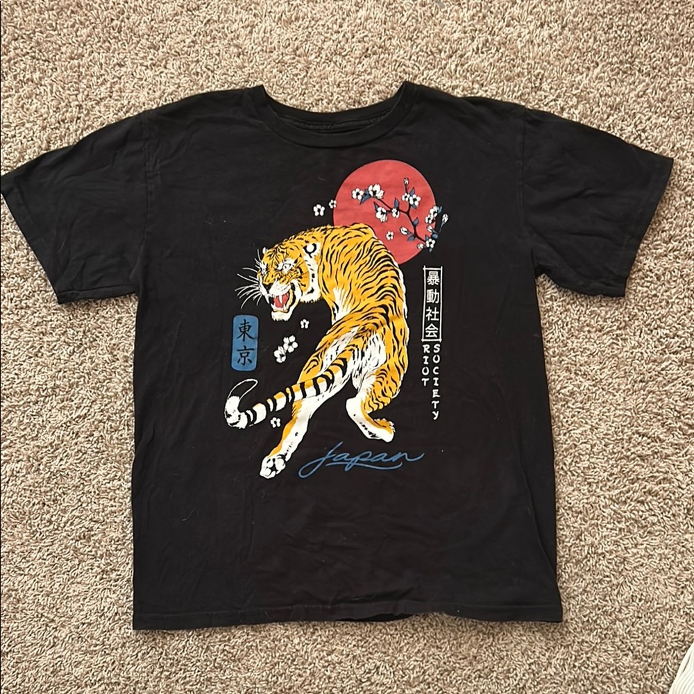 Riot Society Black T-Shirt with Tiger and Red Sun Graphic